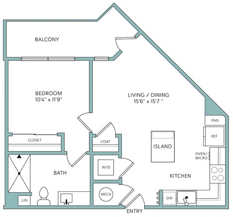Floor plan for 1 bed, 1 bath, 593 sqft